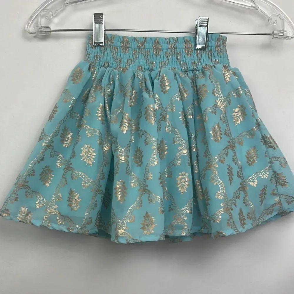 Peek Teal and gold print skirt size 4/5 EUC